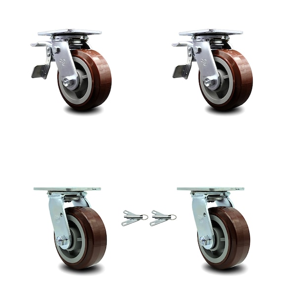 5 Inch Polyurethane Caster Set with Ball Bearings 2 Brakes 2 Swivel Locks SCC